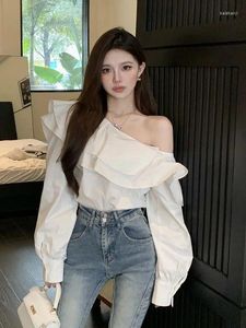 Women's Blouses Iyundo 2024 Summer Tops Korean Fashion Ruffled One Shoulder Asymmetrical White Shirt & Blouse All Match Sweet Girls