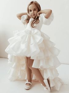 Flower Girl Dresses Beige Solid Tiersed With Bow and Tailing Short Sleeve For Wedding Birthday Party Holy Communion Gowns 240518
