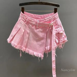 Nieregularna różowa dżinsowa spódnica damska letnia wysoka talia odchudzanie fałszywe twopiece A linia odzież robocza krótka mini spódniczka 240518