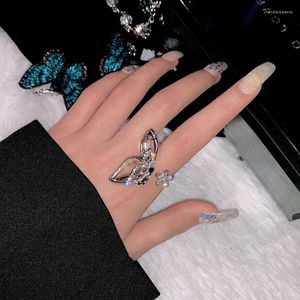 Cluster Rings Selling Fashion Jewelry Exaggerated Irregular Glass Crystal Butterfly Flower Opening Adjustable Female Prom Party Earrings