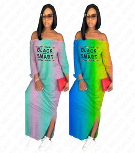 Svart smart brev tryck kvinnor designer lång klänning sommargradient färg axelfria maxi klänningar från axel casual strandklänning4121813