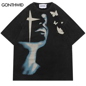 Мужчины вымыли футболку уличной одежды тень бабочка графическая футболка ретро винтажный принт хип -хоп рубашка Harajuku Tops Tees Cotton 240520