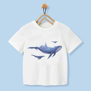 T-shirts Whale Print Cartoon Kids T-shirts Casual Baby Funny Boys T Shirt Söta flickor Casual Clothes Children Summer Tops Tee Shirt Y240521