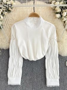 Blouses femininas Camisa de renda branca de renda branca, mulher elegante de gola alta de gola alta de manga comprida