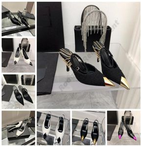 2022 scarpe eleganti da 6 cm 9 cm Pompe a catena d'argento dorata appuntite in metallo Pompe nere con tacchi alti neri con paillettes sandali sandali SHINGALS TOE 4662666