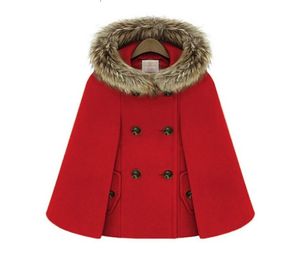 Wełniana elegancka żeńska poncho i peleryna płaszcza kobiet z kapturem futra z kapturem podwójnie piersi zimowa luźna ulica krótka płaszka czerwona 206920595