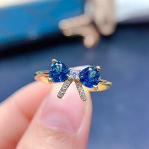 Anello topazio naturale blu profondo per indossare quotidianamente 5 mm totalmente topazio blu da 1 ° Londra con anello bowknot 925 argento oro placcato