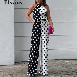 Kobiety Jumpsuits Rompers dojeżdżający 2024 Kolor kontraktu Backless Kolor Lato Eleganckie kobiety Szczupłe kantar Romper Lady Fashion Polka Dot Office Det Stathusit Y240521