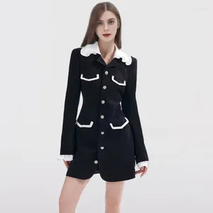 Casual Dresses Autumn Winter Little Black Dress Women Contrast Lapels Bows Four Pockets Long Sleeves Slim A-line Sweater Knitted