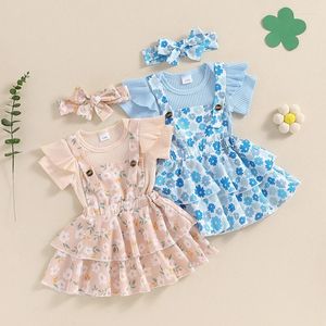 Kläduppsättningar småbarnsflickor Summer outfit korta ärmar rompers och blommig hängskolt kjol pannband 3 stycken kläder set 0-18m