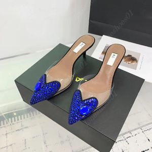Designer luxury high heel slippers classic crystal diamond shining high heel slippers pointed heart dress shoes transparent Women fashion party shoes
