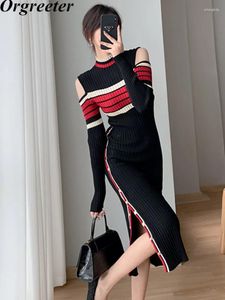 Casual Dresses Fashion Long Chic Women Autumn Dress Vintage Stand Collar Sleeve Sexy Off Shoulder Split Knitted Ribbed Sweater