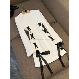 Spring White Black Contrast Color Ribbon Tie Bow Lace Up Dress LawnGreen Long Sleeve Round Neck Short Casual Dresses O4J192787 Plus Size XXL