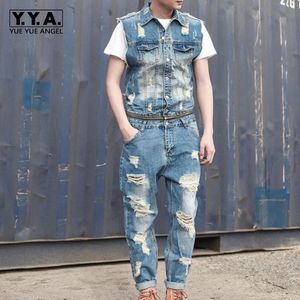 Mens Personality Removable Zipper Waist Jumpsuit Hole Ripped Jeans Sleeveless Romper Washed Denim Overalls Pants Trousers 2XL 240520