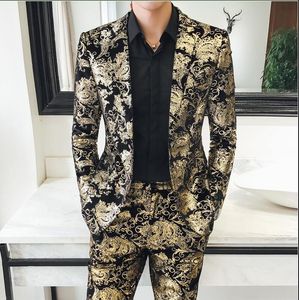 Men's Korean slim gold flower Baroque suits Designer hot stamping small suit nightclub hairstylist Blazers top two-piece sets