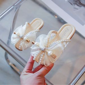 Pink Mesh Bow Pearl Open Toe All-match Slippers Skirt 2022 Children's Fashion Sweet Princess Flat Casual Sandals for Girls