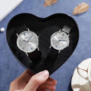 Zegarek 2pcs Zestaw Para moda swobodne czarne skórzane zegarki panie proste kwarcowe sukienka kwarcowa zegar Montre femme