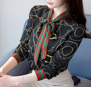 2018 New Fashion Chiffon Shirt Frauen Langzeitkoreaner Druckbow Retro Ladies Bluse neue Herbst -Tops Y1904276351351