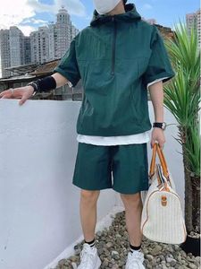 2Pcs Men Summer Tracksuit Shorts Set Hooded T Shirt Zipped Matching Shorts Solid Cargo Large Size Casual Suit 4XL Male Clothes 240516