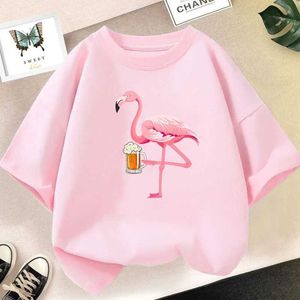 T-shirts sommar söta barn t-shirt flamingo tecknad tryck grafik t-shirt flickor kawaii toppar modedesign kläder y240521