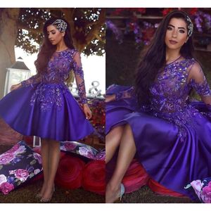 Short Tail Homecoming Dresses Vintage Long Sleeve A Line Sheer Neck Applique Beaded Dress Prom Gowns 0521