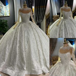 Elegant Ball Gown Wedding Dress O Neck Long Sleeves Bridal Gown Sequins Pearls Sweep Train Dresses Custom Made