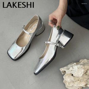 Kleiderschuhe Lakeshi Silber Block Absatz Mary Jane Frauen High Heels Frühling Sommer Internet Promi Square Toe Classic Pumps Schwarz