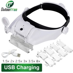 USB -uppladdningsbara glasögon Loupe Watchmaker Reparationsverktyg Glasögon Magnifier LED Bodband Förstoring Glas 1.5x 2x 2,5x 3x 3,5x 8