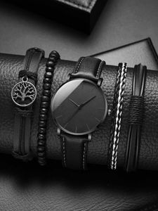 Wristwatches New Mens Watch Luxury Bracelet Set Fashion Business Black Leather Quartz Watch Mens Gift Set Reno MasculinoL2304