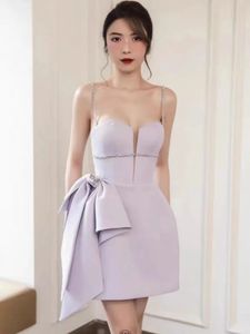 French Runway Summer Purple Large Bowknot Mini Dress Sexy Womens Diamonds Spaghetti Strap Backless Slim Party Clothes 240515