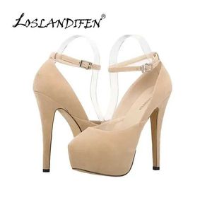 Klädskor kvinnor pumpar stilettos sexig 14 cm rund tå band tunn klack slingback platfrom pump höga klackar fest bröllop klänning skor h240521