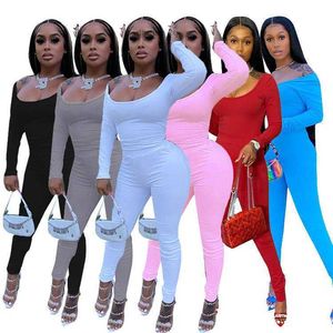 Women Sports Tracksuits Two Piece Clothing Sexig Summer Ny Solid Color Leisure Suits Fashion Slim Elastic Long Sleeve Pants 819