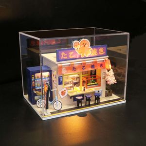 DIY HUT Creative Crafts Ahşap Japon tarzı montajlı bebek evi kiti Takoyaki Shop Minyatür Bebek Evi Oyuncakları Kızlar İçin Hediyeler
