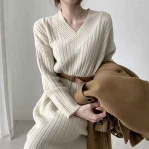 Casual Dresses Rib Knitted V Neck Long Sleeved Dress Women Lace Up Slim Solid Robes 2024 Fall Winter Office Streetwear Vestidos E2