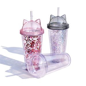 Cute 13oz Cat Ear Double Layer Water Straw Plastic Tumbler Coffee Juice Cup Flash Sequined Summer Cool Transparent Drinking Bottles Gift HY0026