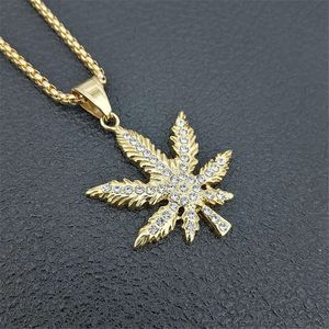 Hiphop Iced Out Bling Hemp Leaf Pendant With 14K Gold Chain Golden Neck Necklace Hippie Jewelry