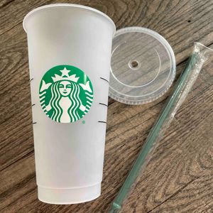 Plastikowe kubki Starbucks Tubbler wielokrotne użycie przezroczysty picie Płaski dolny filar Kształt Słomka kubki kubki kubki wodne 24 unz/710 ml przezroczyste czarne kolory mieszanki