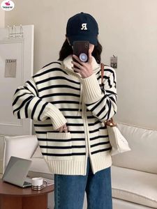 Women's Knits SEPARQI Korean Sle Loose Cardigan Polo Collar Stripe Fleece All-Match Warm Zip-up Sweater Outerwear