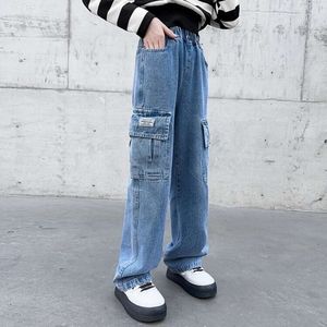 Jeans de moda para meninas primavera 2024 Design de bolso azul adolescente calça de carga infantil casual calça de crianças em idade escolar