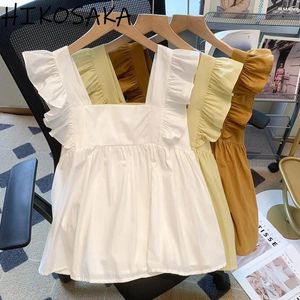 Women's Blouses French Style Square Collar Ruffles Camisole Backless Bandage Flying Sleeve Crop Top Solid Casual Summer Shirts 2024