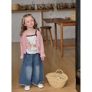 2024 Spring Fashion Girl Pockets Baby Retro Dzieci Dżins luźne dziecko swobodne spodni bawełniane spodnie