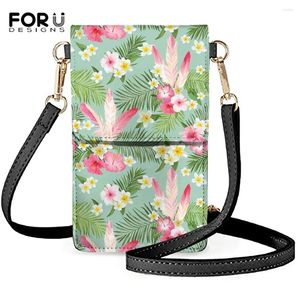 Axelväskor Forudesigns fjädrar och tropiska blommor Style Kvinna PU LÄDER mobiltelefonväska kvinnor mini transparenta handväska femme