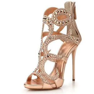 Design Frauen neue Mode offener Strassstiletto Gladiatorausschnitt Kristall Gold High Heel Sandalen für E06