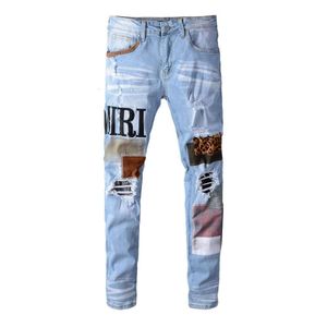 Amri Designer Amrir Purple Brand Ksubi Jeans Paint Amirii for Mens JNCo Jeans Higher 614 Trendy Brand Light Blue Embroidered Leopard Print Patch Elastic Slim Fit Dis