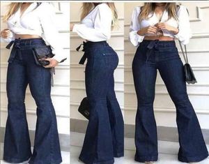 Kadınlar esnek düz renk denim pantolonlar yüksek bel cepleri çan alt kot pantolon8491835