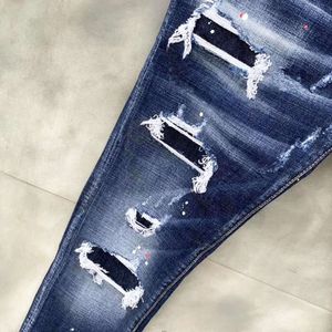 Chareiharper DSQ 9131 Men's Straight Fit Elastic Cotton Blue Paint Wash Water Tear Process Italian Design Jeans Men