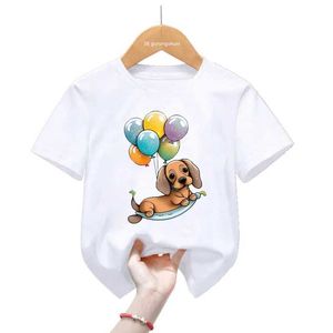 T-Shirts süße Dackel Love Ballon Tierdruck T-Shirt Girls/Jungen Kawaii Hundeliebhaber T-Shirt Kids Kleidung Sommer Tops T-Shirt y240521