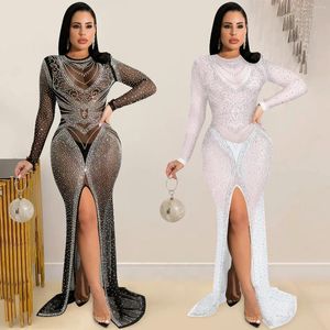 Casual Dresses JAMERARY Fashion Floor Length Evening Vestidos Maxi Robe Nightclub Mesh Perspective Long Sleeve High Split Diamonds Dress