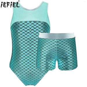 Kläder sätter barn flickor balett dans gymnastik leotard ärmlös fiskskalor bodysuit med shorts prestanda danskläder träning