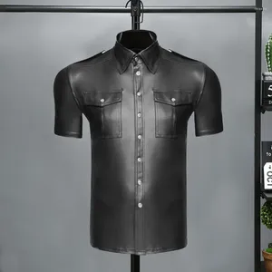 Men's Casual Shirts Men Club Performance Shirt Stylish Faux Leather With Chest Pocket Turn-down Collar For Nightclub Dance